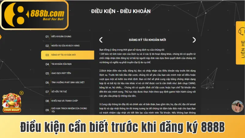 Điều kiện cần biết trước khi đăng kí 888b